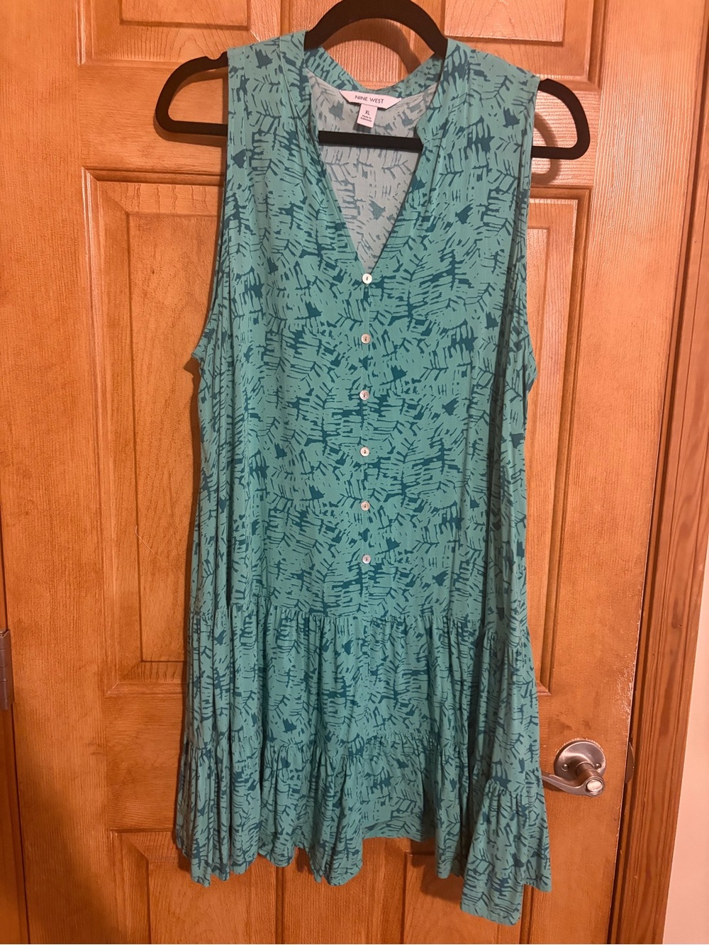 Nine West Teal Abstract Print Sleeveless Button-Front Dress
